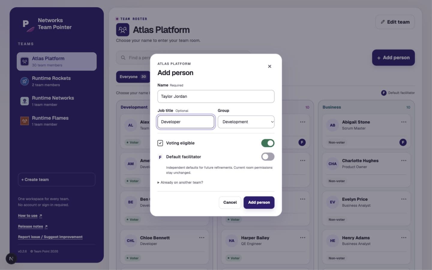Add person popup with Name, optional title, group selection, and separate Voting eligible and Default facilitator switches