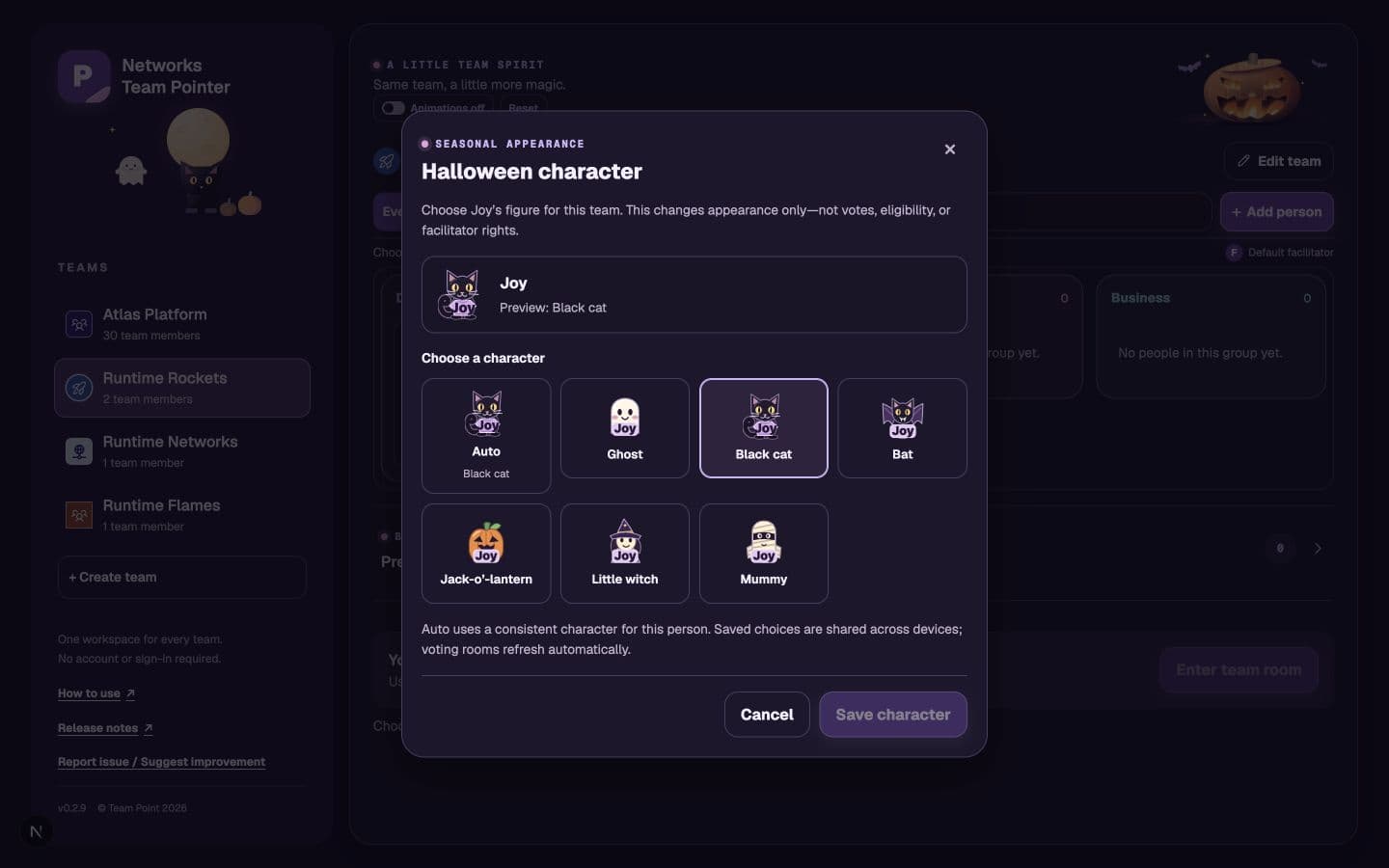 Synthetic Halloween character picker with Auto and six figure choices, a preview, and explicit Cancel and Save character buttons
