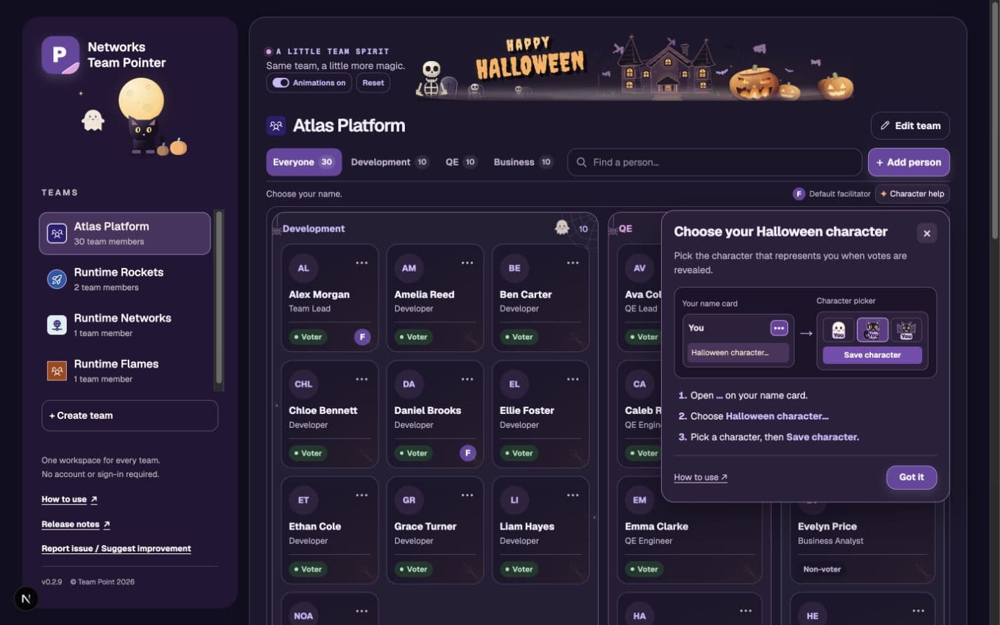 Synthetic Atlas Platform portal with the non-blocking Choose your Halloween character tip, a picture of the name-card menu and picker, three steps, Close, How to use and Got it controls