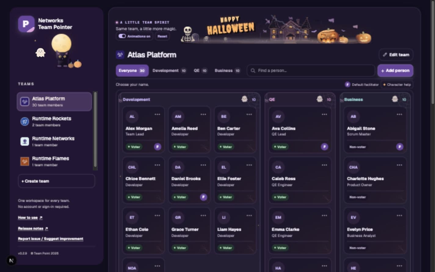 Synthetic Atlas Platform portal with diagonal branching lightning across the mansion and a Happy Halloween greeting, a small skeleton graveyard on the left, a pumpkin patch on the right, and shared mist; people cards and controls stay clear of the lightning effect