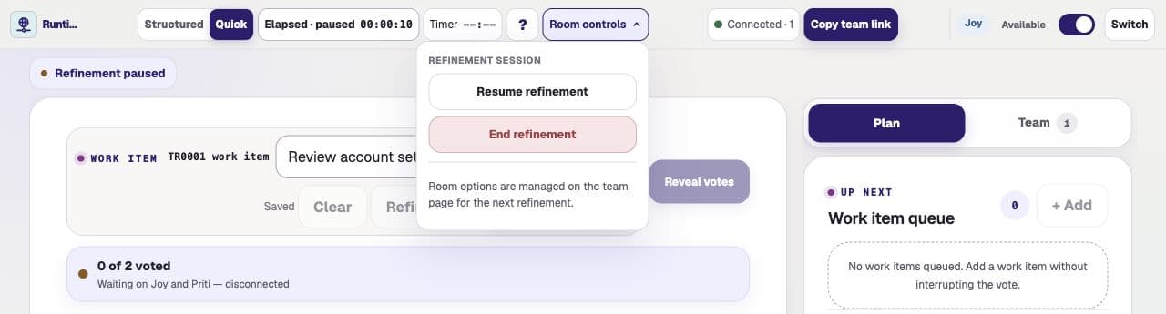 Paused team refinement with frozen elapsed time, disabled actions, and Resume refinement in Room controls
