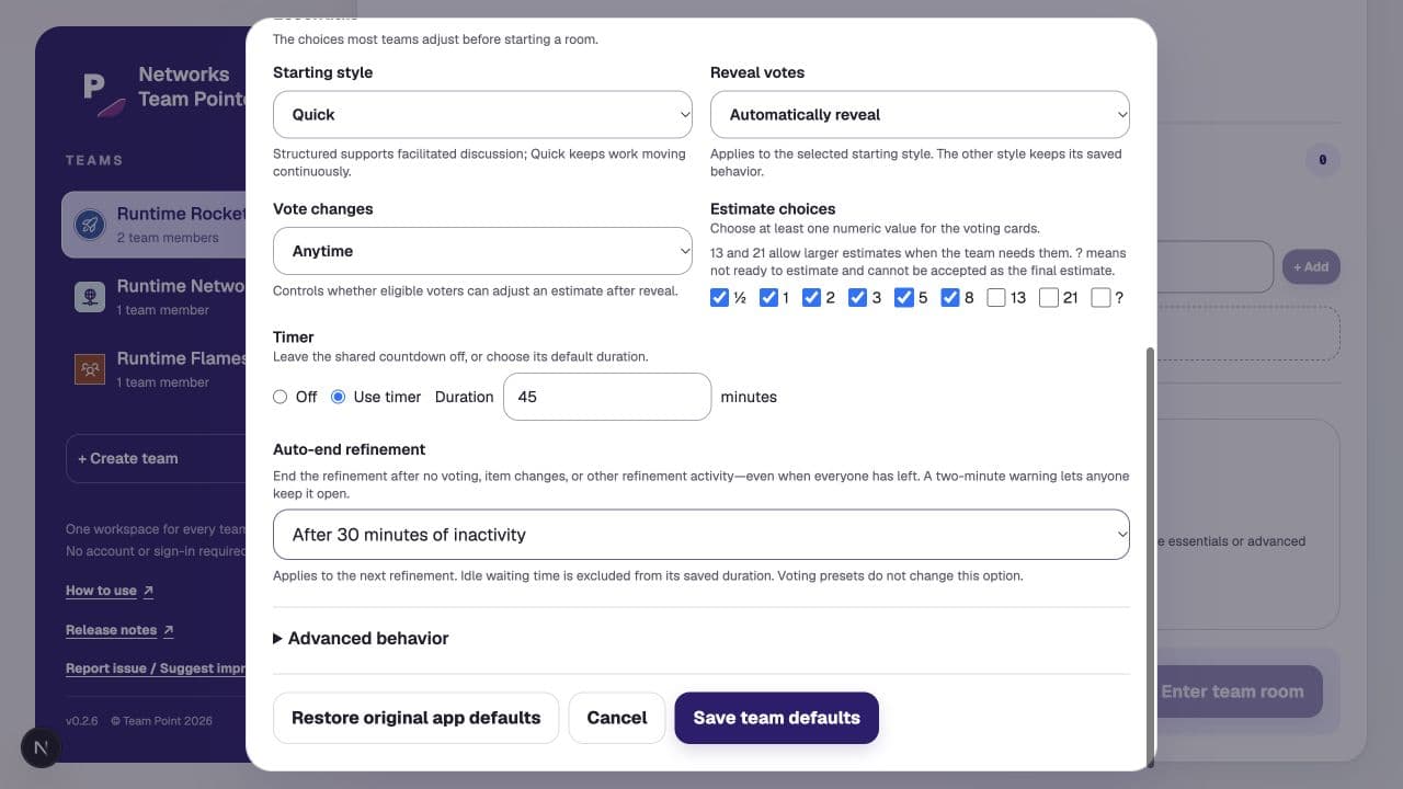 Room options editor showing Timer, Auto-end refinement set to 30 minutes, and shared Cancel and Save team defaults buttons
