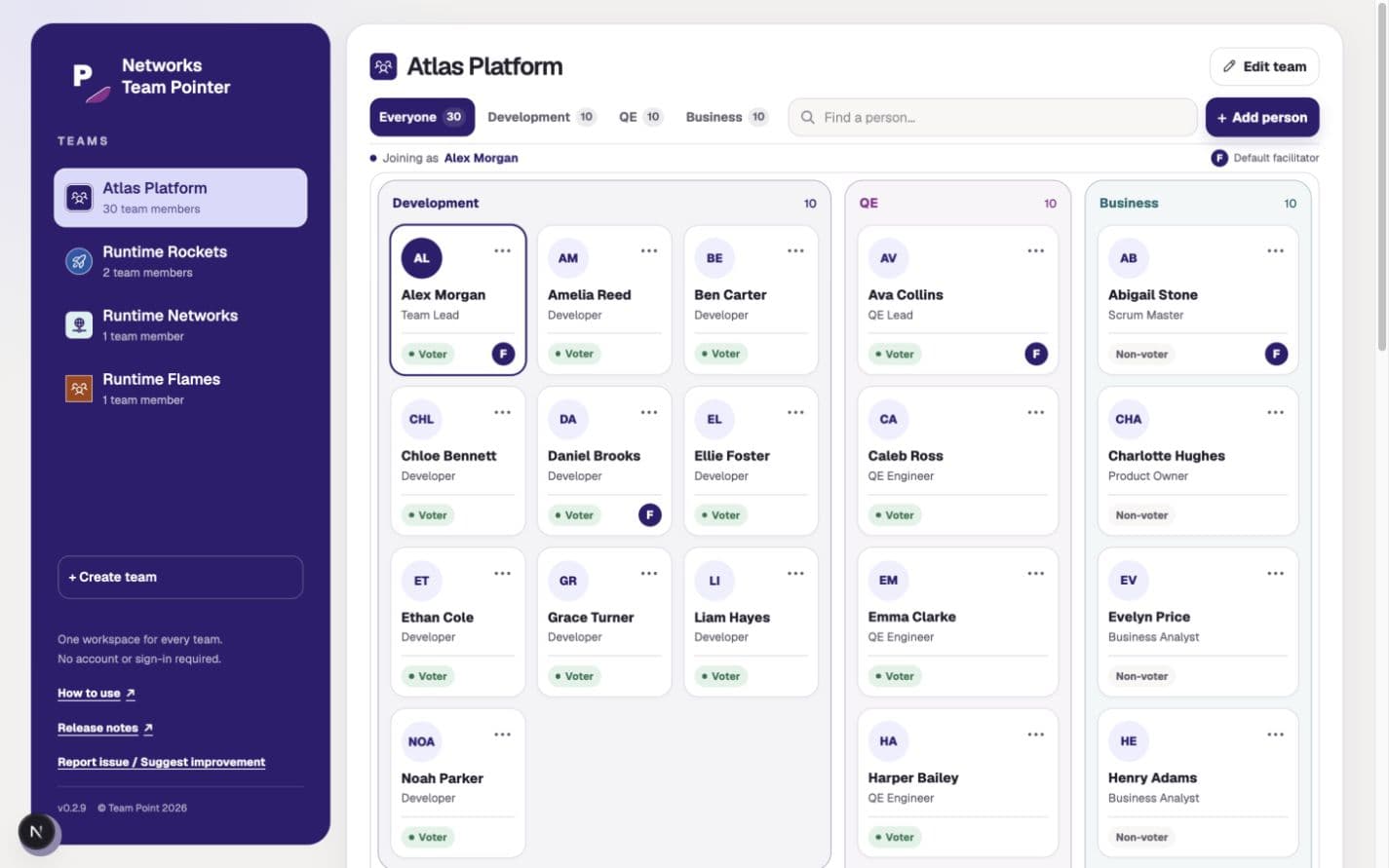 Synthetic team portal with Development, QE, and Business side by side, a wider Development group, wrapping person cards, search and group tabs