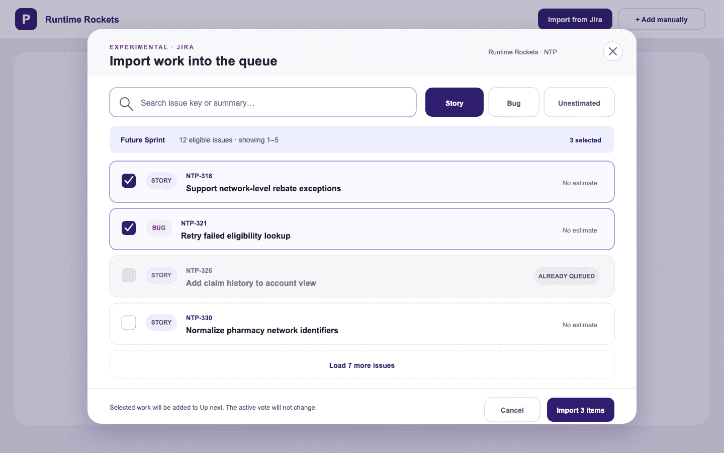 Proposed Jira import picker showing searchable work items with descriptive issue-type metadata