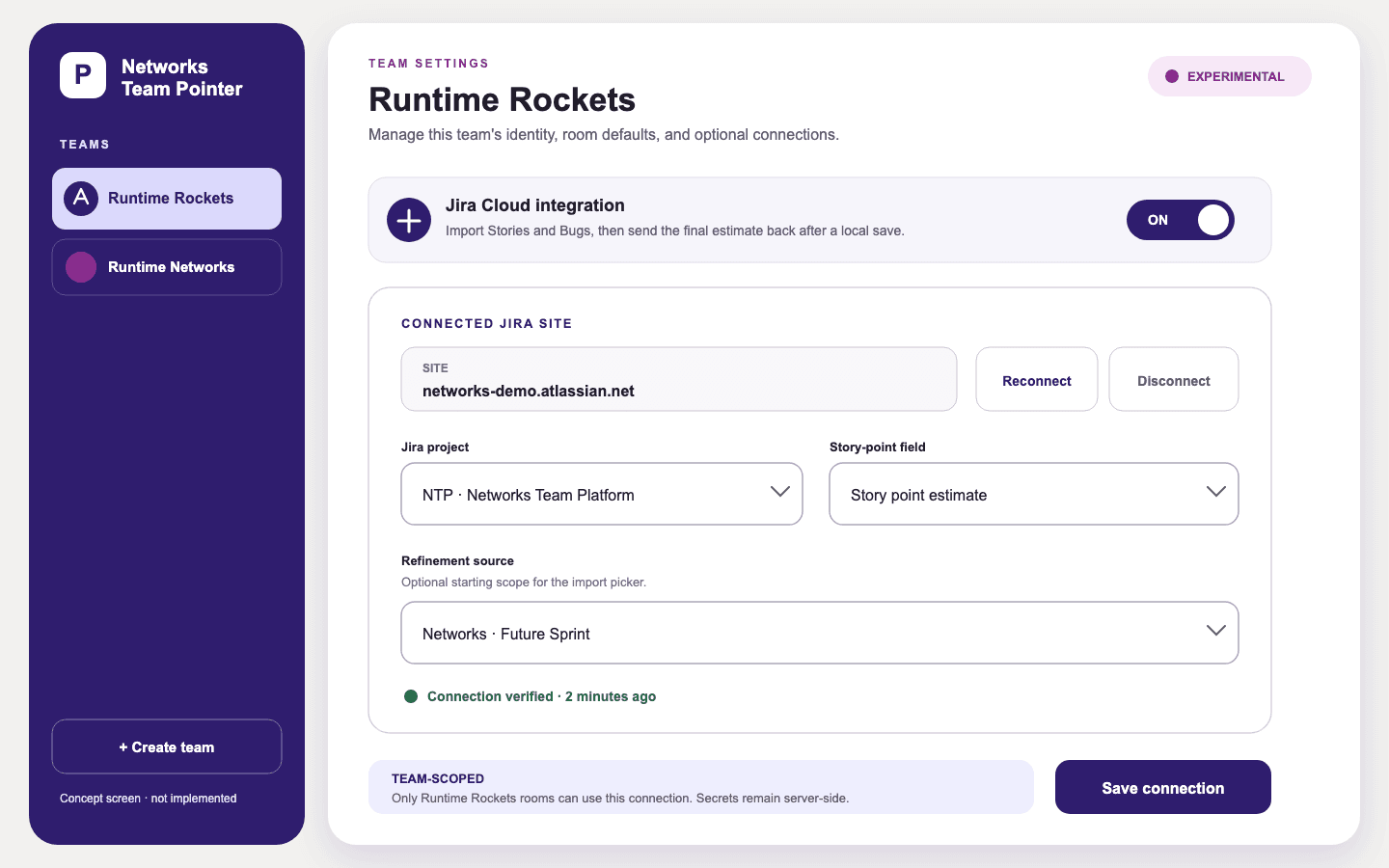 Proposed team settings screen for connecting one Jira Cloud project